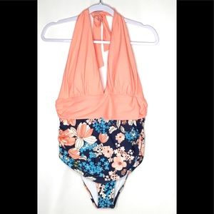 Cupshe Floral And Orange Halter Ruched Swimsuit 2X